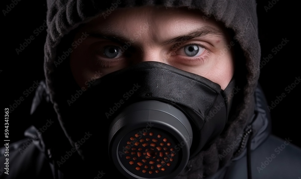 a man wearing a gas mask with a hood on his head and a hood on his head, with a red light on the side of the gas mask. generative ai a man wearing a gas mask with a hood on his head and a hood on his head, with a red light on the side of the gas mask. generative ai