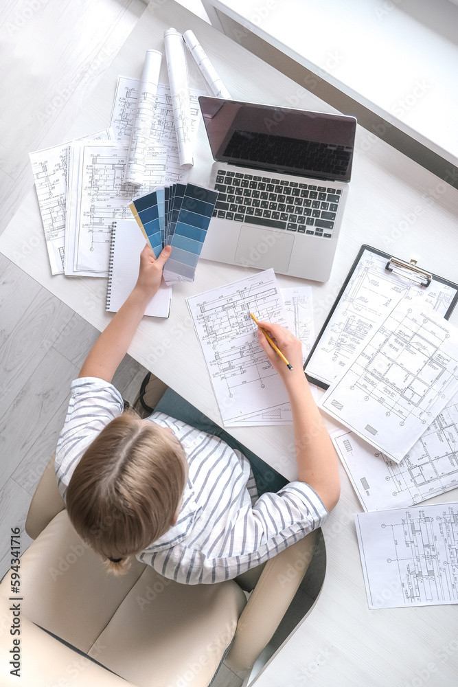 Naklejka premium Architects concept, engineer architect designer freelance work on start-up project drawing, construction plan. architect design working drawing sketch plans blueprints and making construction model