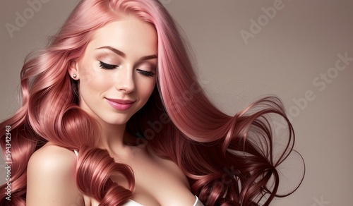 Beautiful pink haired woman with long shiny hair, generative ai image, fashion, beauty