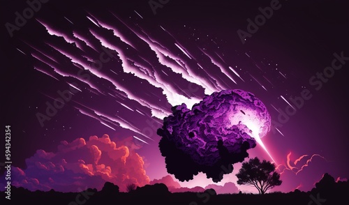  a purple sky with clouds and a large object in the middle of the image with a tree in the foreground and a purple sky with clouds and stars in the background. generative ai