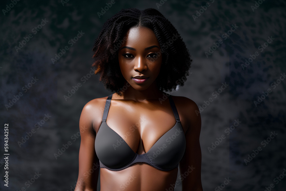 Fototapeta premium Beauty portrait of model with natural make-up. Fashion shiny highlighter on skin, sexy gloss lips make-up. Grey background. Generative AI