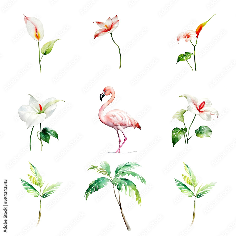 Tropical watercolor set, generative ai illustration, hand drawn style Tropical watercolor set, generative ai illustration, hand drawn style