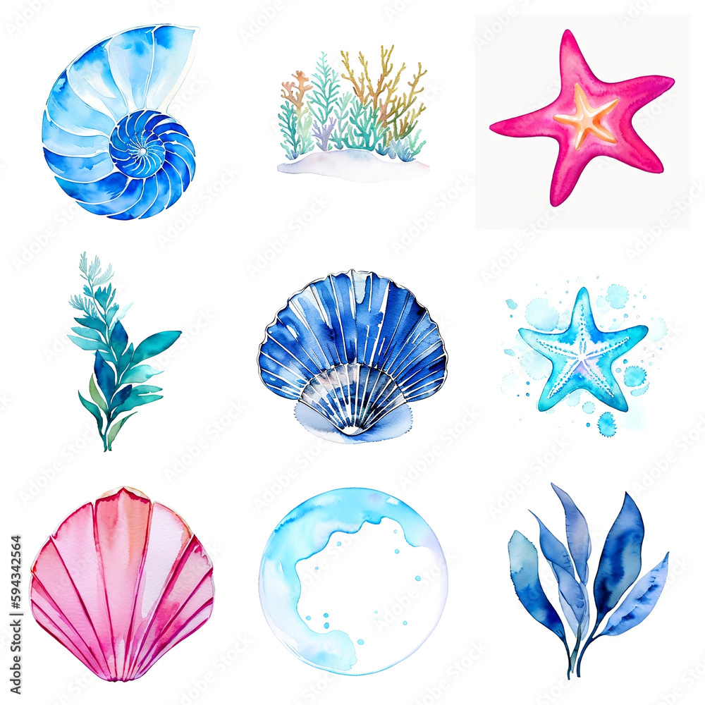 Hand Drawn Watercolor Sea Themed Elements Set Illustration Generative