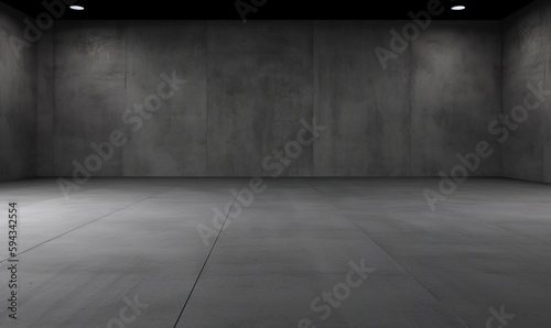  an empty room with concrete walls and a black floor and lights on the ceiling and a black and white photo of the floor and the wall.  generative ai