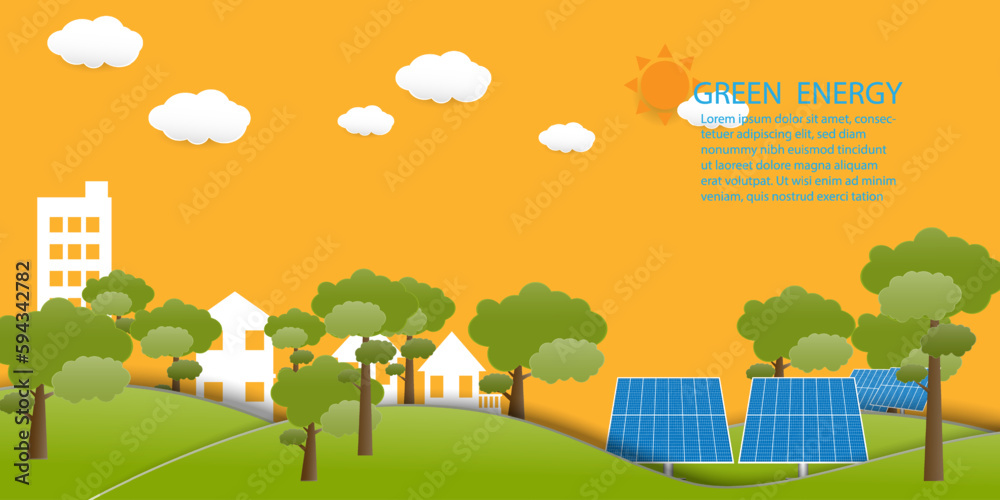 Clean energy, renewable sources from sun,wind.  Energy from solar panel with windmill with clouds and sun for city on yellow background, paper cut design vector  illustration, Green energy environment