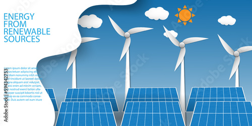 Clean energy, renewable sources from sun,wind.  energy  from solar panel with windmill with clouds and sun on blue background, paper cut design vector  illustration, Green energy environment Concept
