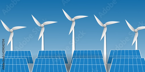 Clean energy, renewable sources from sun,wind.  energy  from solar panel with windmill with clouds and sun on blue background, paper cut design vector  illustration, Green energy environment Concept
