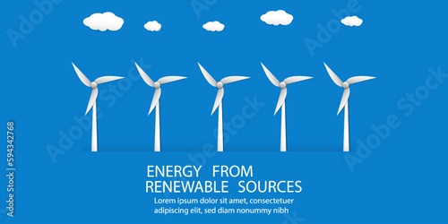 Clean energy, renewable sources from wind.Energy  from  windmill with clouds on blue background, paper cut design vector  illustration, Green energy environment Concept
