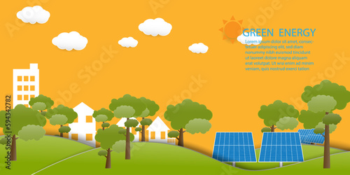 Clean energy, renewable sources from sun,wind.  Energy from solar panel with windmill with clouds and sun for city on yellow background, paper cut design vector  illustration, Green energy environment
