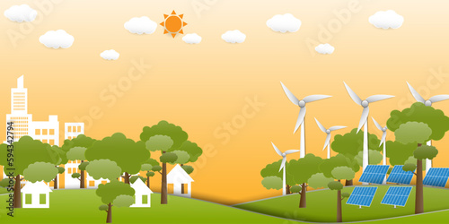 Clean energy, renewable sources from sun,wind.  Energy from solar panel with windmill with clouds and sun for city on yellow background, paper cut design vector  illustration, Green energy environment