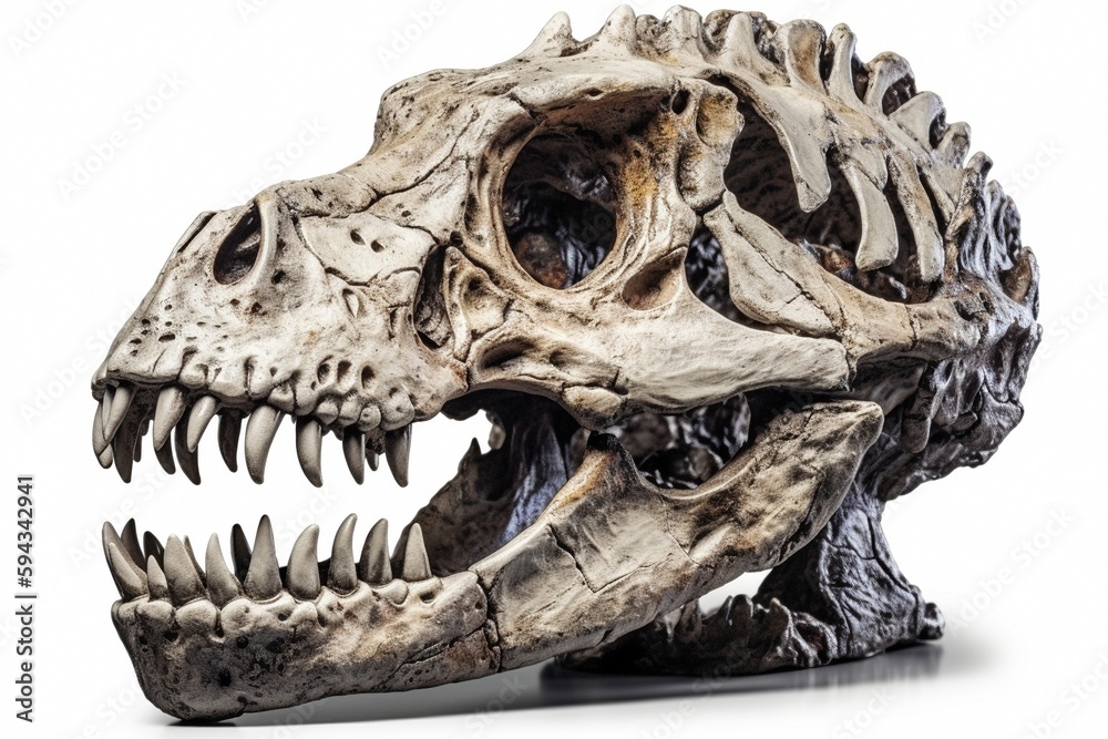 Dinosaur skull on white background, created with generative AI