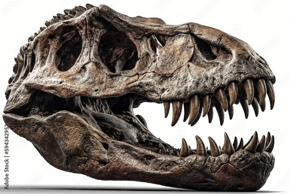 Dinosaur skull on white background, created with generative AI Dinosaur skull on white background, created with generative AI