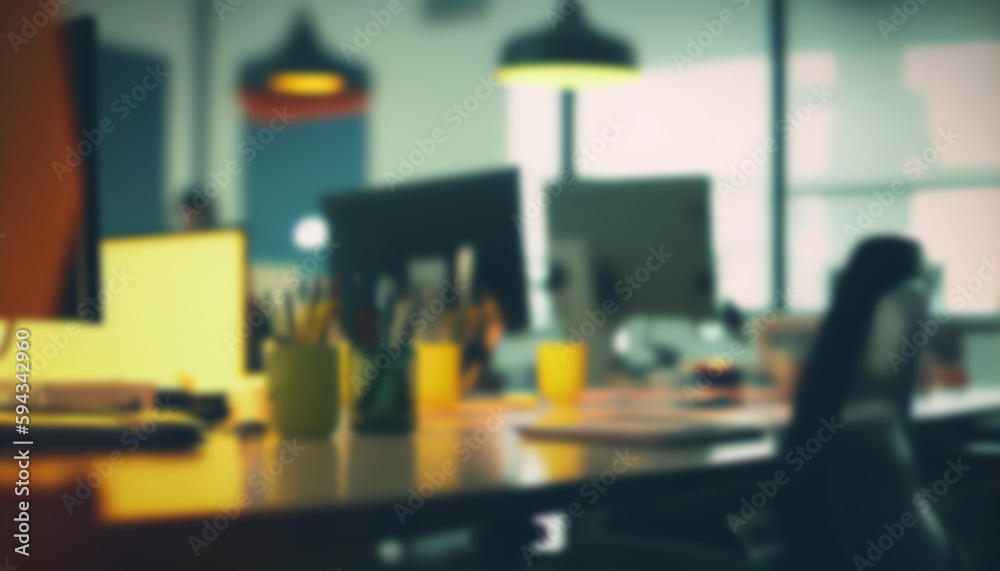 Office space in the evening, backdrop, created with generative AI Office space in the evening, backdrop, created with generative AI