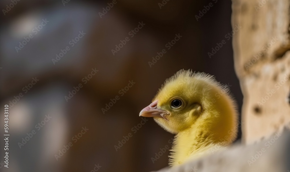 a small yellow bird sitting on top of a wooden wall next to a stone wall and a wooden door in the back of the building. generative ai a small yellow bird sitting on top of a wooden wall next to a stone wall and a wooden door in the back of the building. generative ai