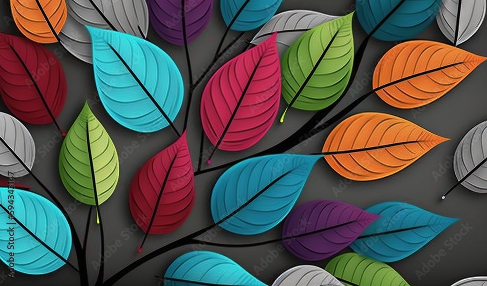  colorful leaves on a black background with a black background and a black background with a red, orange, green, and blue leaf pattern.  generative ai