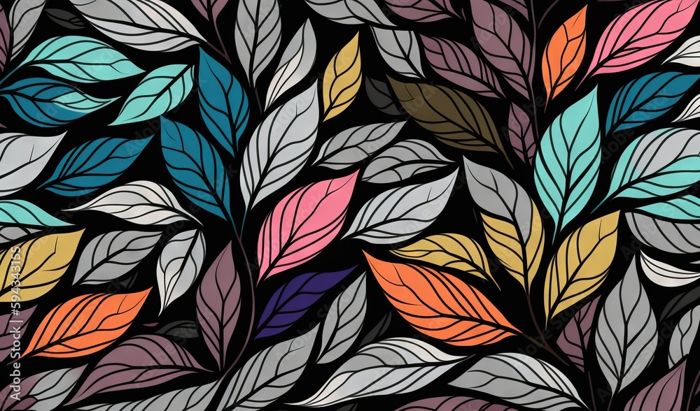 a colorful pattern of leaves on a black background with a white border in the center of the image is a multicolored pattern of leaves. generative ai a colorful pattern of leaves on a black background with a white border in the center of the image is a multicolored pattern of leaves. generative ai