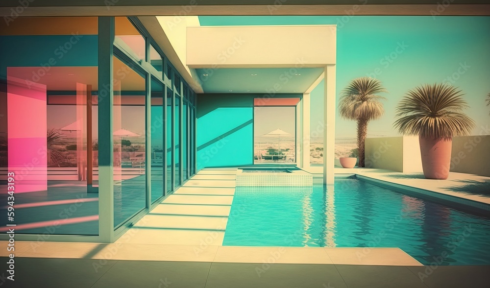  a pool with a palm tree in the middle of it and a view of the ocean through the glass doors of the pool and the house.  generative ai
