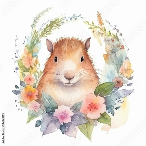 watercolor cute capybara, animal with flower wreath