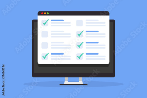 Computer monitor with browser frame with checklist in a flat design