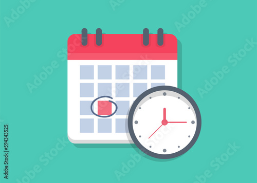 Deadline reminder calendar with clock in a flat design