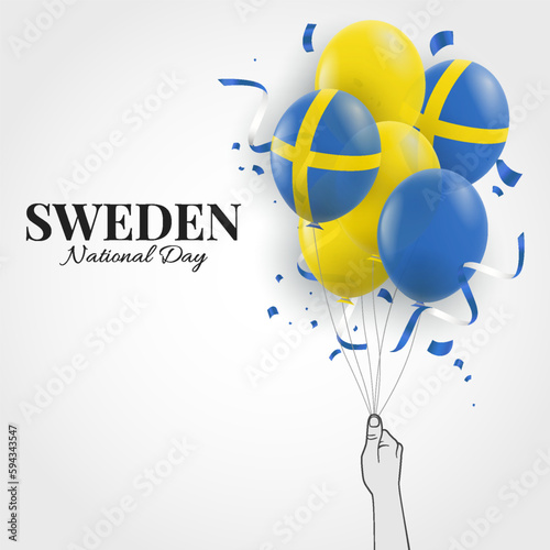 Vector Illustration of Sweden National Day. Hand with balloons
