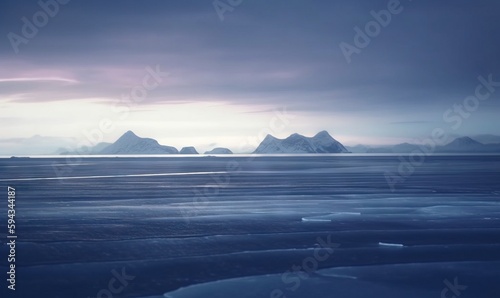  a group of icebergs floating in the ocean under a cloudy sky with ice floes in the foreground and mountains in the distance. generative ai