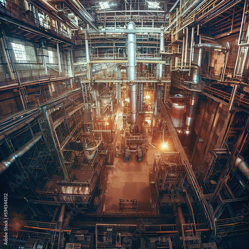 The interior of the industrial revolutionary factory is rusty and dilapidated with Generative AI.