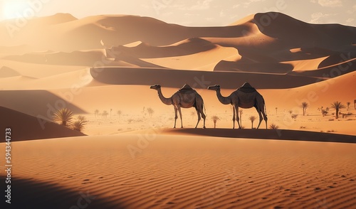  a couple of camels are standing in the desert with the sun shining on the sand dunes and trees in the distance  with a few clouds in the sky.  generative ai