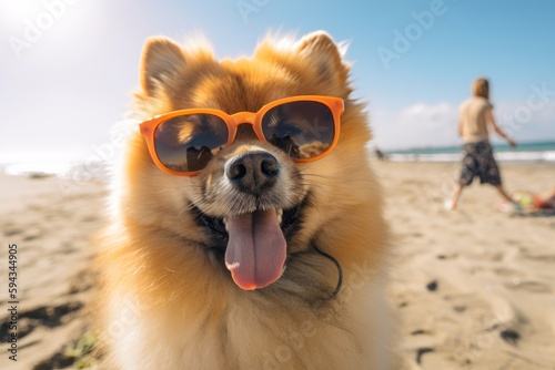 A dog wearing sunglasses on a beach with a man in the background created with Generative AI technology © pham
