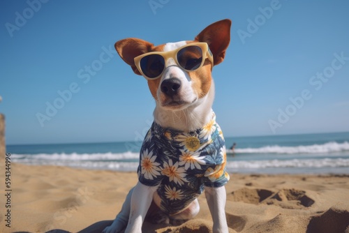 A dog wearing sunglasses sitting on a beach created with Generative AI technology © pham