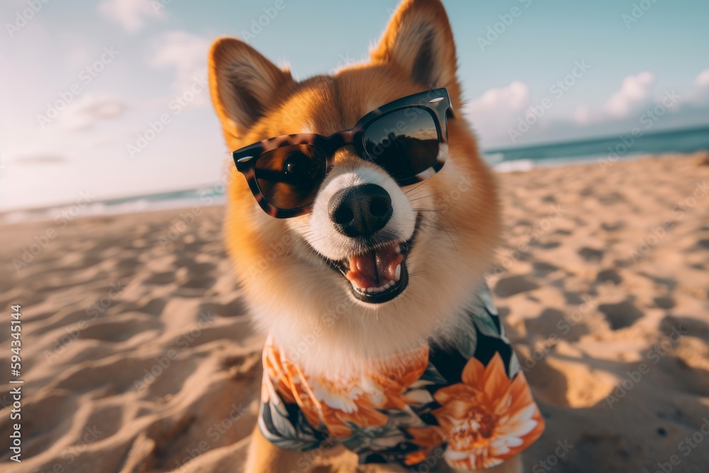 A corgi dog wearing sunglasses on the beach created with Generative AI technology A corgi dog wearing sunglasses on the beach created with Generative AI technology