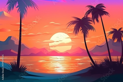 Panoramic landscape sunset at the beach in illustration style created with Generative AI