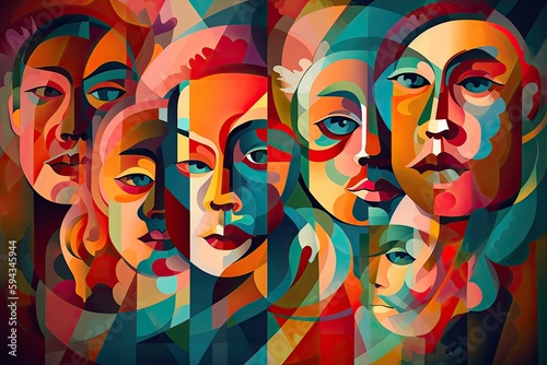 Colorful abstractly painted men s and women s faces. Society concept. Generative AI