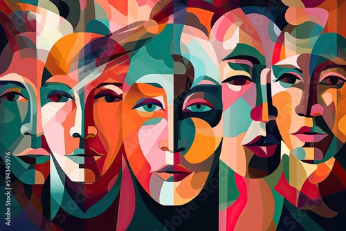 Colorful abstractly painted men's and women's faces. Society concept. Generative AI © Gelpi