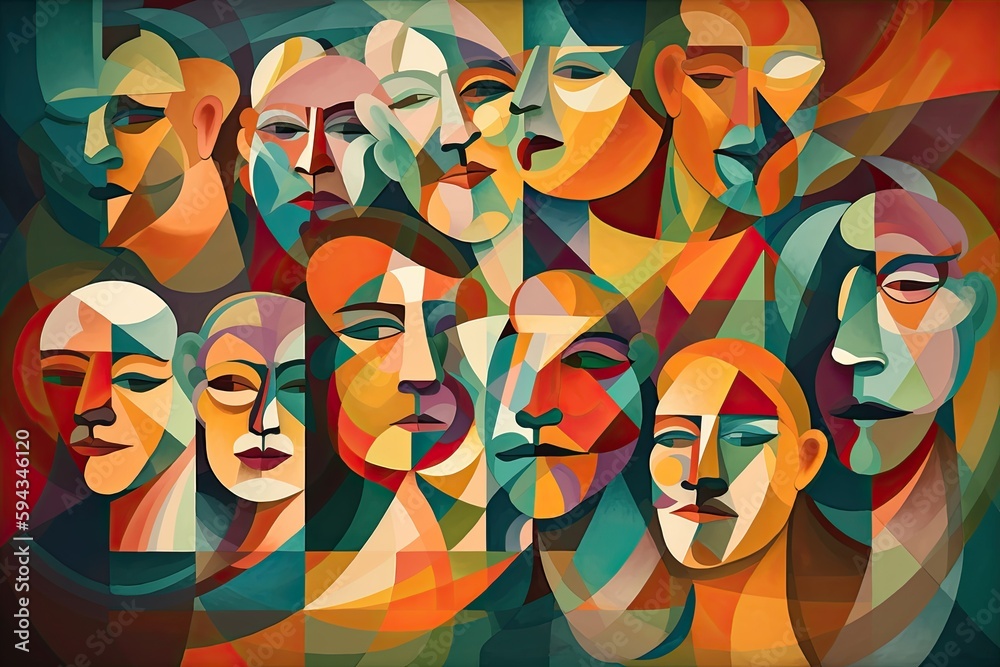 Colorful abstractly painted men's and women's faces. Society concept. Generative AI Colorful abstractly painted men's and women's faces. Society concept. Generative AI