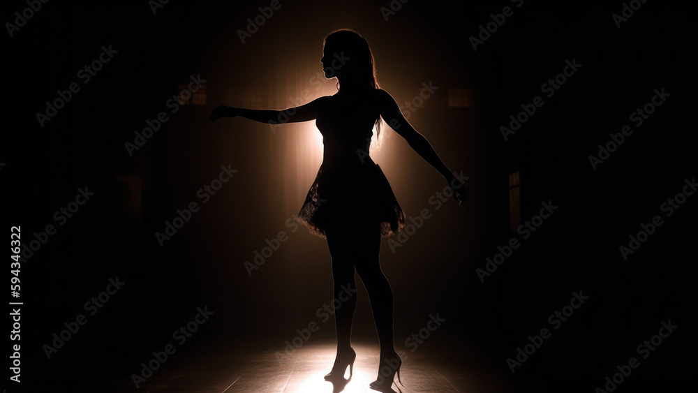 dancing girl silhouette in a short dress low light generative ai