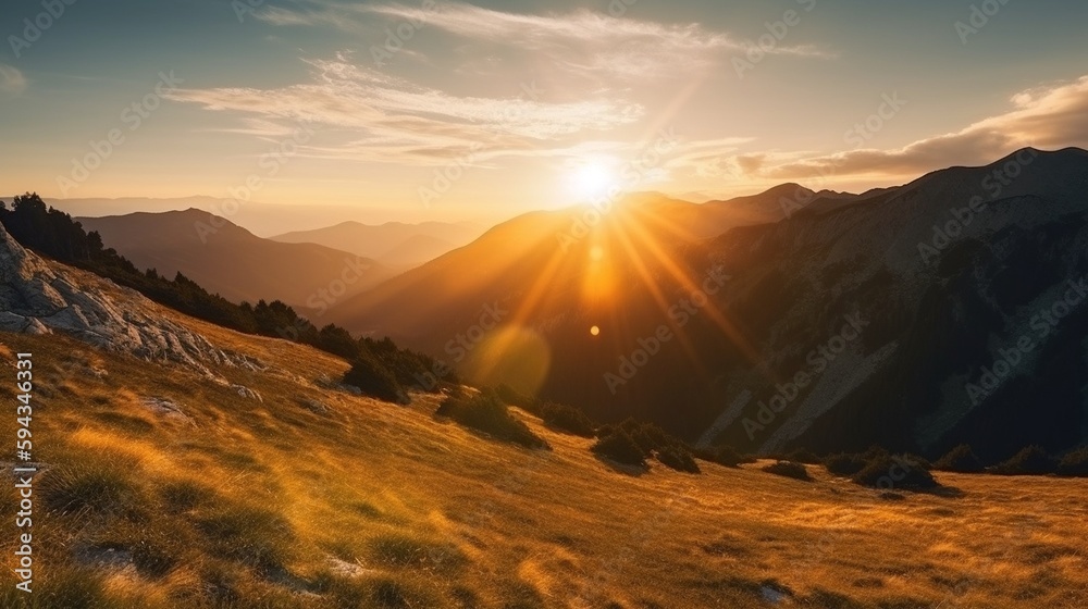 A panoramic view of a stunning mountain landscape at sunset