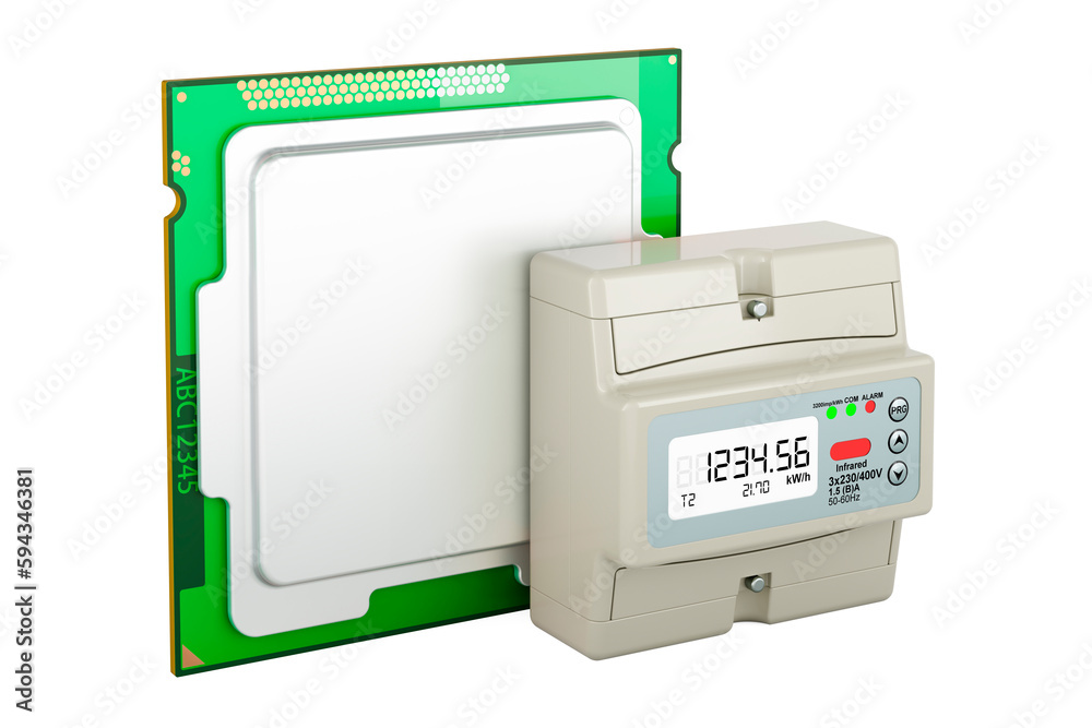 Electric meter with CPU processor, 3D rendering Electric meter with CPU processor, 3D rendering
