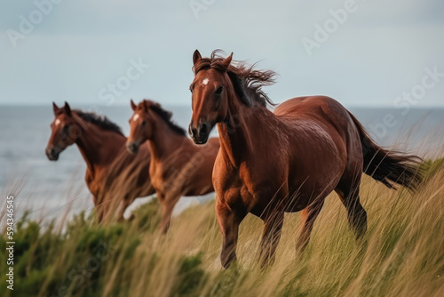 family of wild meadow horses generative ai