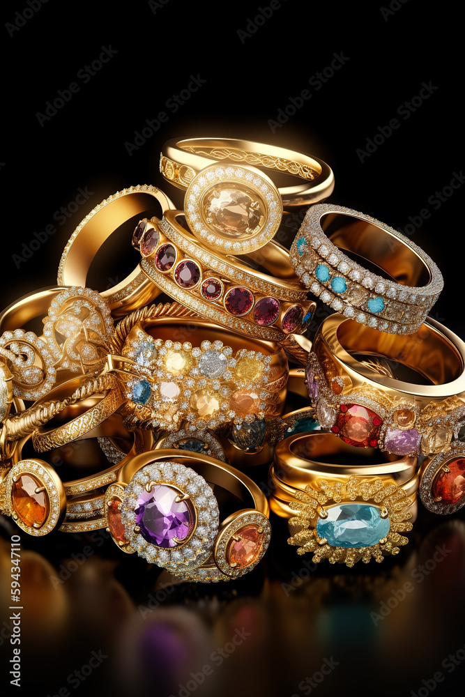 Rings made of gold and rubies lying on a black background. The concept of wealth or jewelry making by Jeweler. Generative ai Rings made of gold and rubies lying on a black background. The concept of wealth or jewelry making by Jeweler. Generative ai