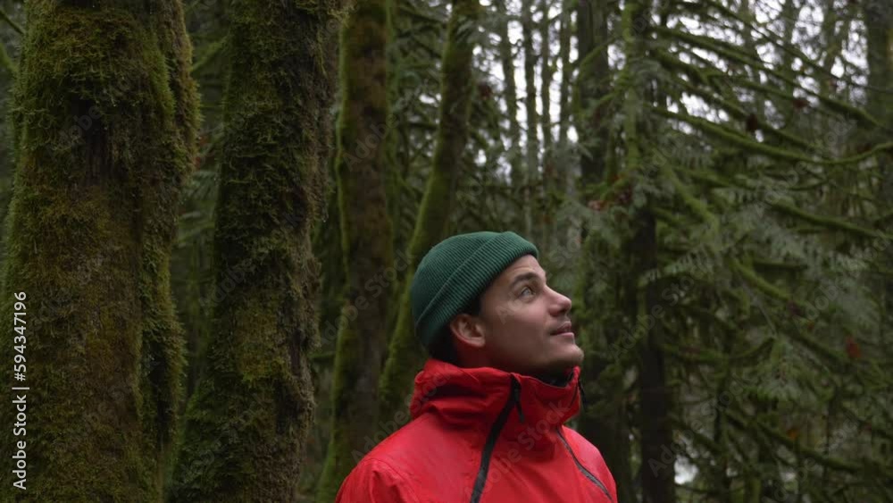 Young Man Enjoying the Outdoors, Looking Around in Lush Forest SLOMO Young Man Enjoying the Outdoors, Looking Around in Lush Forest SLOMO