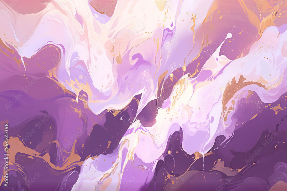 an abstract painting with purple and gold paint on a white background ...