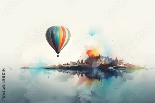 a painting of a hot air balloon flying over a city with a lake in the foreground and a city in the background with a reflection.  generative ai