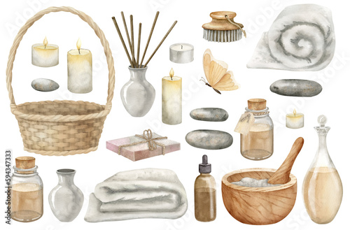 Cuadro en lienzo Spa set with bottles, towel, mortar and pestle