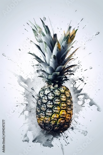  a pineapple with a splash of paint on it's side and the top half of it's head sticking out of it. generative ai