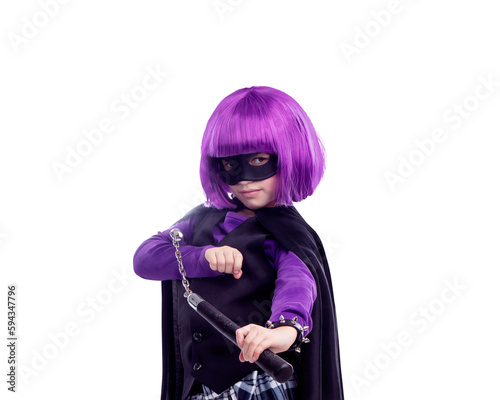 Child, portrait and vigilante costume with nunchaku on isolated, transparent and png background. Kid, mask and fantasy by girl with superhero, villain and fighter cosplay or martial arts aesthetic