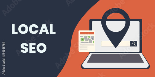 An Illustrative Local SEO banner showcasing a laptop with a search string on screen, accompanied by a location icon and a map illustration