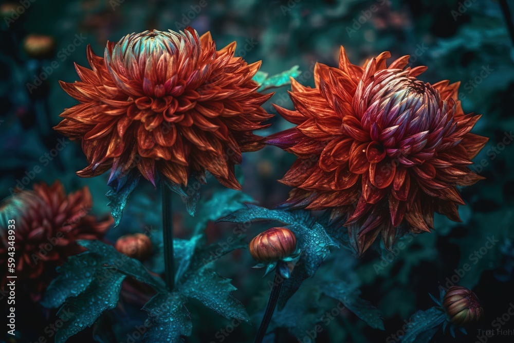 a close up of two red flowers with green leaves in the foreground and a background of green leaves and bushes in the background, with a blurry background. generative ai a close up of two red flowers with green leaves in the foreground and a background of green leaves and bushes in the background, with a blurry background. generative ai