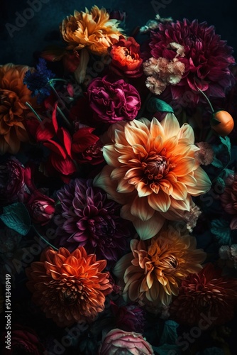  a bunch of flowers that are in the dark room with the light on them and one flower in the middle of the picture, and the other flower in the middle of the picture. generative ai