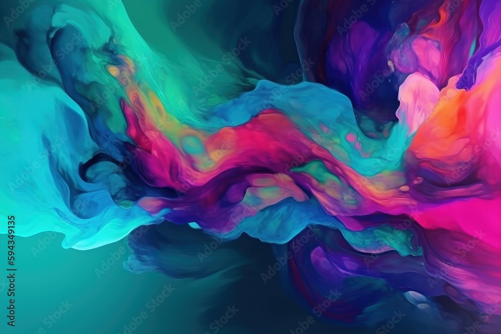  an abstract painting of blue, pink, and purple colors with a green background and a blue sky in the background with a white border.  generative ai